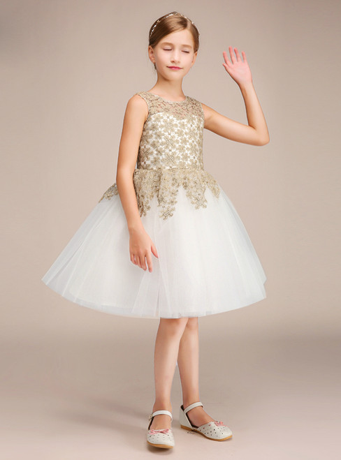 White Tulle Gold Appliques Short Knee Length Flower Girl Dress