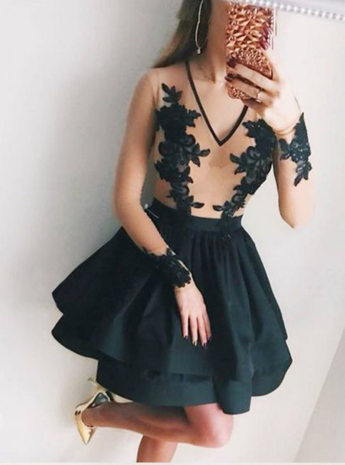 A-Line Black V-Neck Long Sleeves Homecoming Dress With Appliques