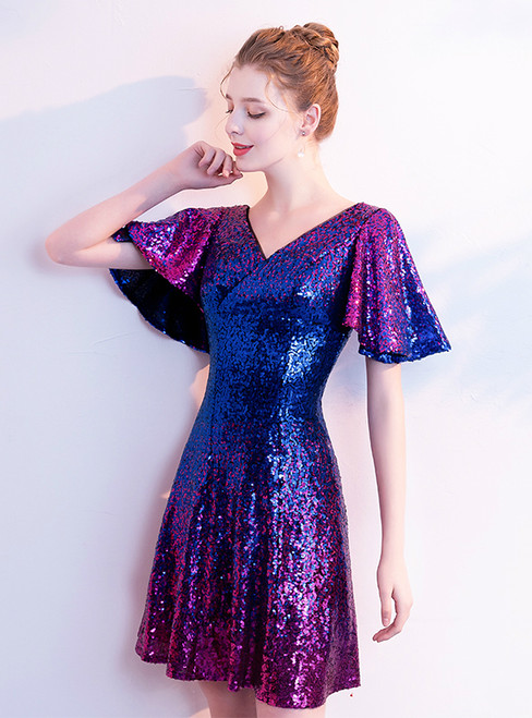 In Stock:Ship in 48 Hours Purple Blue Sequins Mini Homecoming Dress