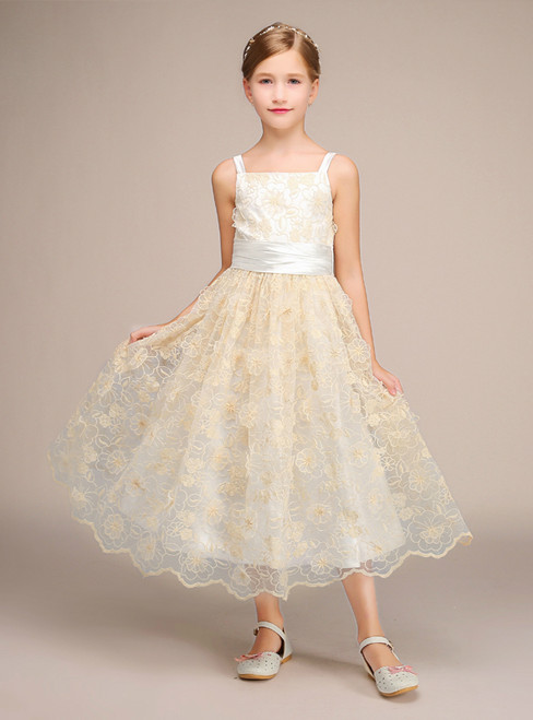 Champagne Lace Straps Tea Length With Bow Flower Girl Dress