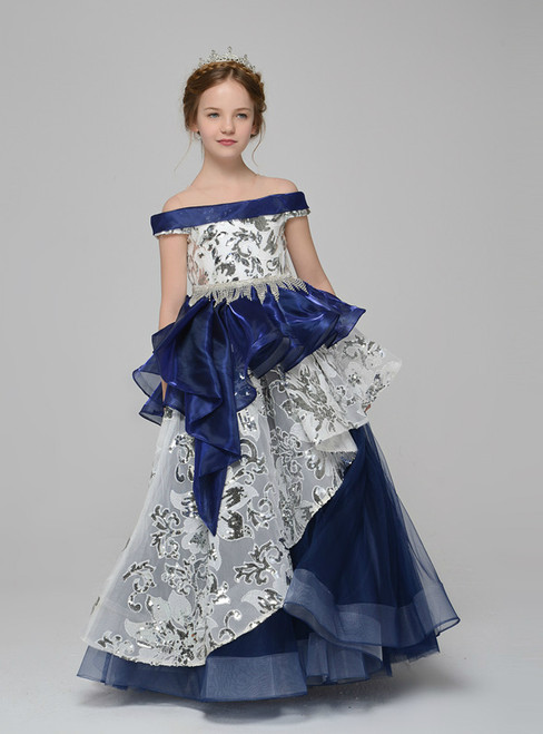 Blue Tulle Organza Sequins Off The Shoulder Floor Length Flower Girl Dress