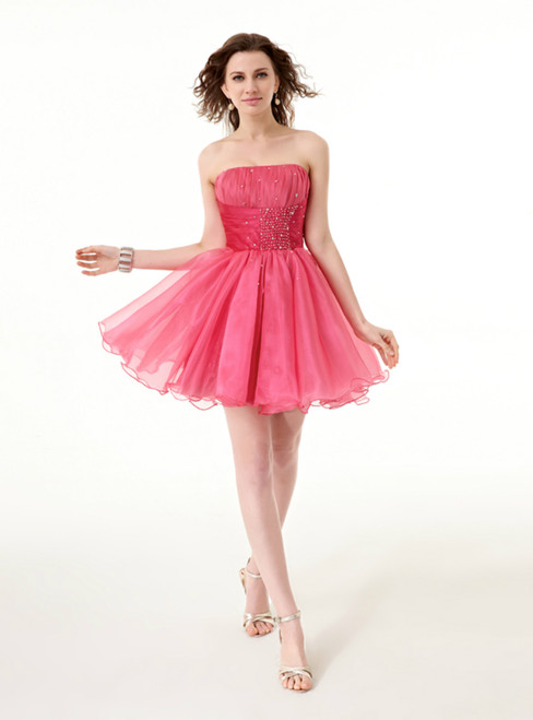 Pink Organza Sweetheart Neck Pleats With Beading Homecoming Dress