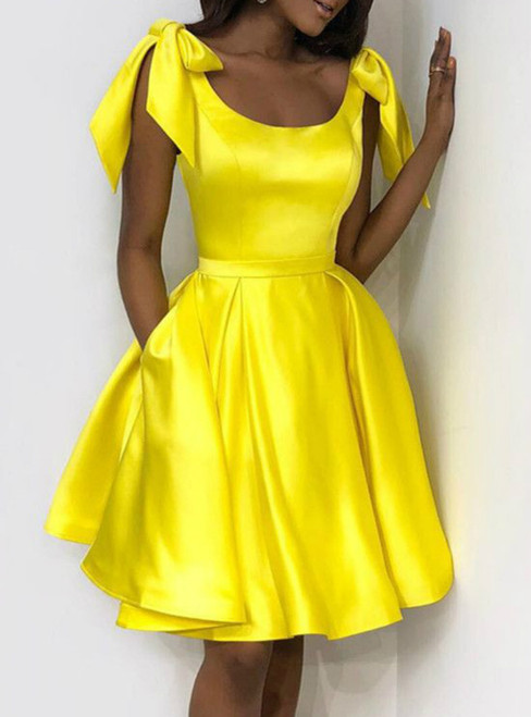 Yellow Satin Bow Shoulders Ruffles Short Homecoming Dresses With Pocket