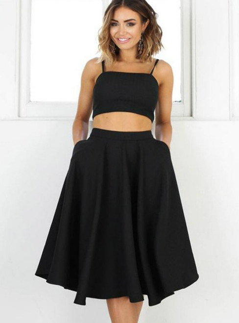 Two Pieces Black Short Homecoming Dresses With Pocket