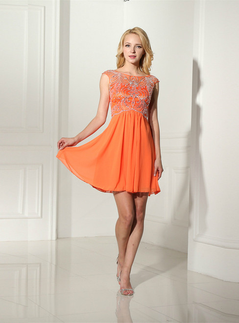 Orange Chiffon Cap Sleeve Short Homecoming Dress With Beading