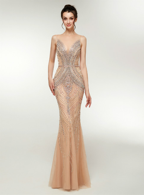 Sexy Champagne Tulle See Through Neck Prom Dress With Crystal