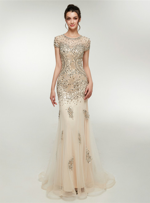 Champagne Mermaid Tulle Cap Sleeve Prom Dresss With Crystal