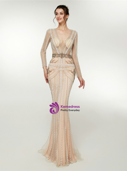 Champagne Crew Sweep-length Mermaid Tulle Prom Dresses
