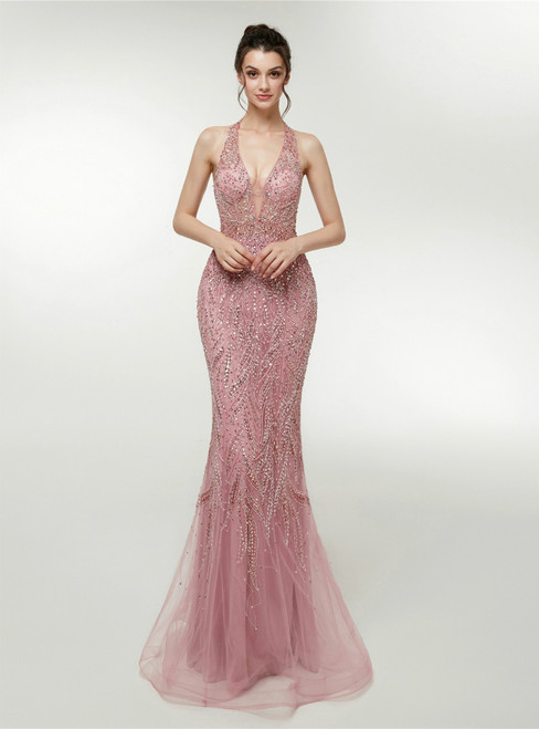 Pink Mermaid Tulle Halter Backless Prom Dress With Beading