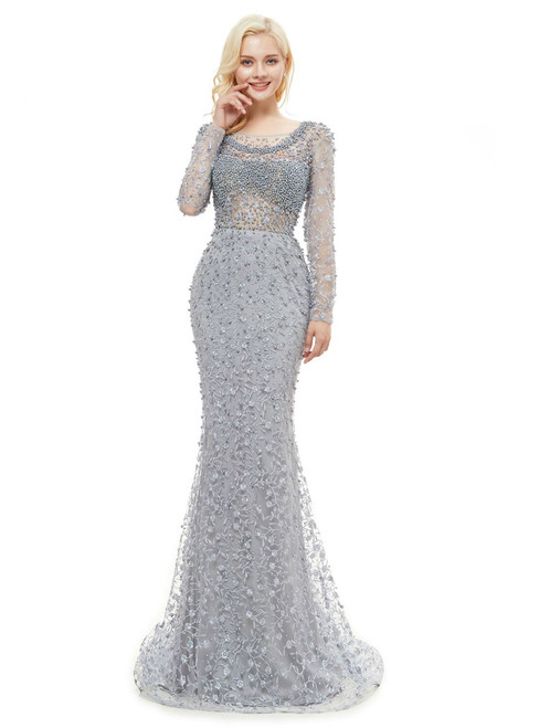 Gray Lace Mermaid Long Sleeve Backless Pearls Prom Dress