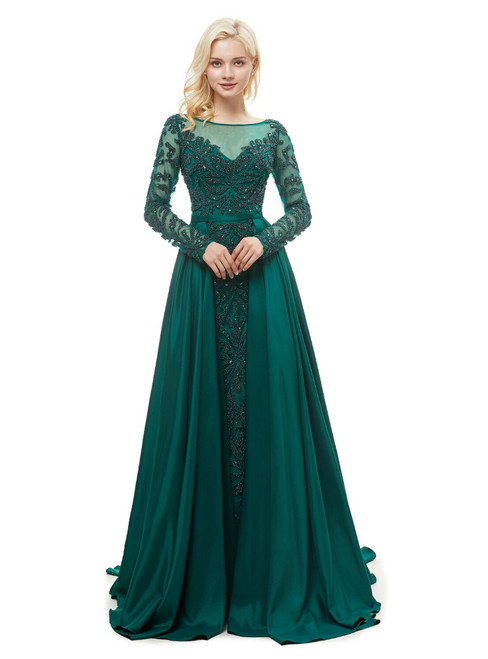 A-Line Green Satin Long Sleeve Floor Length Prom Dress