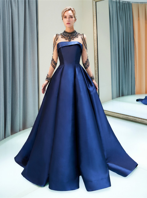 A-line Blue Satin High Neck Long Sleeve Prom Dress With Beading