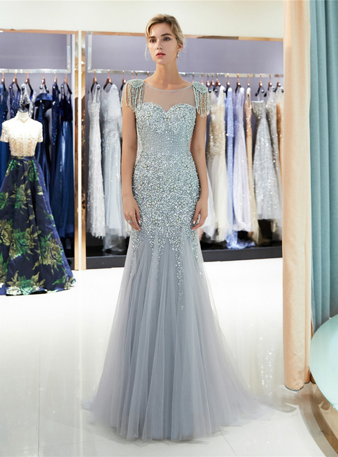 Gray Meramid Tulle Cap Sleeve Backless With Beading Prom Dress