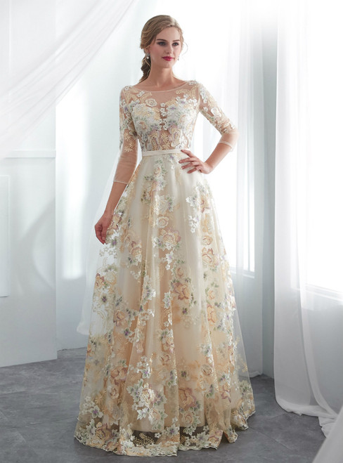 Simple Champagne Tulle 3/4 Sleeve Print Floor Length Wedding Dress