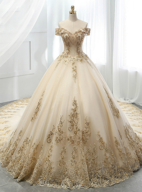 Champagne Ball Gown Tulle Gold Lace Appliques Wedding Dress Champagne Ball Gown Tulle Gold Lace Appliques Wedding Dress