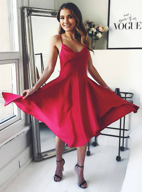 Red Satin Spaghetti Straps Crossed Straps Back Knee Length Homecoming Dress