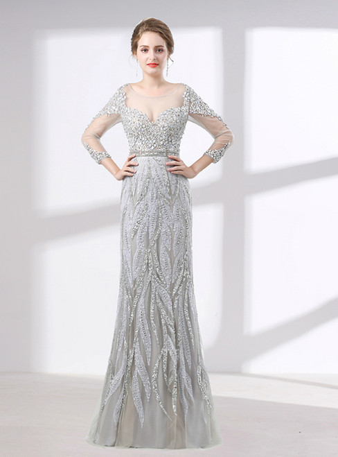 Silver Sheath Long Sleeve With Beading Floor Length Prom Dress