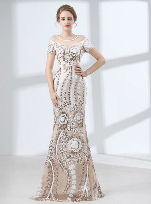 Champagne Tulle Sequins Appliques Floor Length Prom Dress