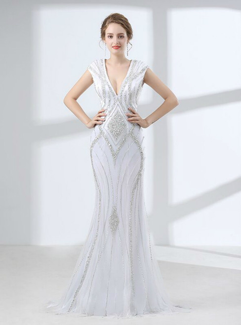 White Mermaid V-neck Backless Cap Sleeve Witn Beading Prom Dress