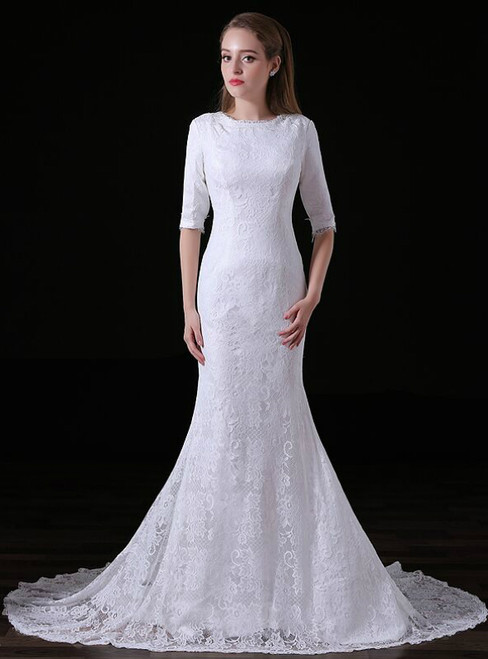 White Mermaid Lace Half Sleeve Floor Length Wedding Dress