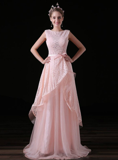 A-Line Pink Lace Tulle Backless Long Prom Dress With Bow