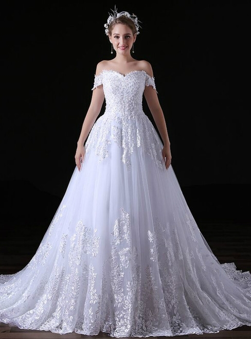 White Ball Gown Tulle Lace Appliques Off The Shoulder Wedding Dress