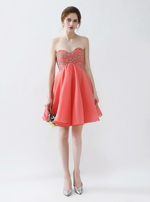 Red Chiffon High Waist Sweetheart Neck Homecoming Dress With Beading