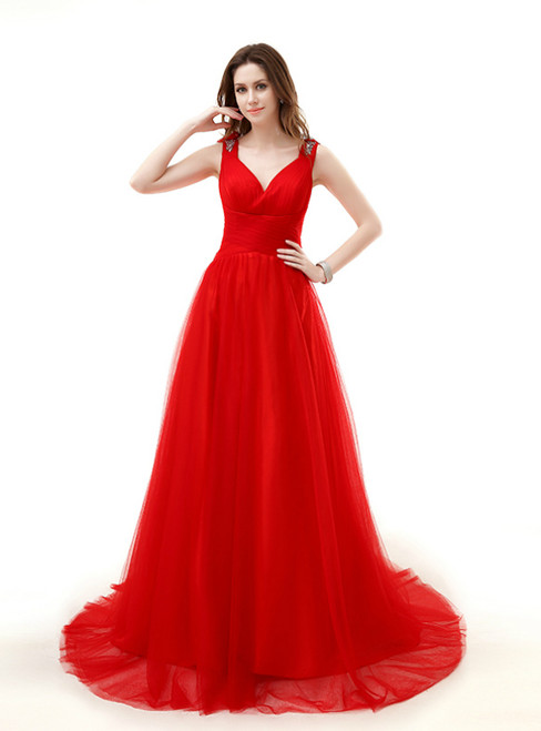 Red Tulle V-neck See Through Prom Dress With Beading Hand Flower