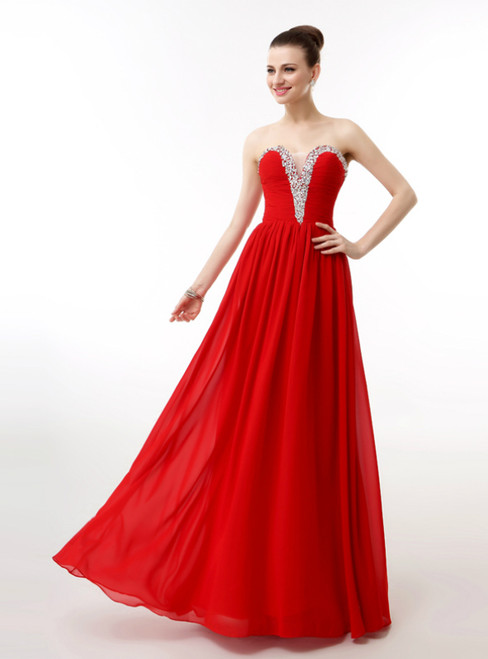 Red Chiffon Sweetheart Neck Pleats Bridesmaid Dress With Beading