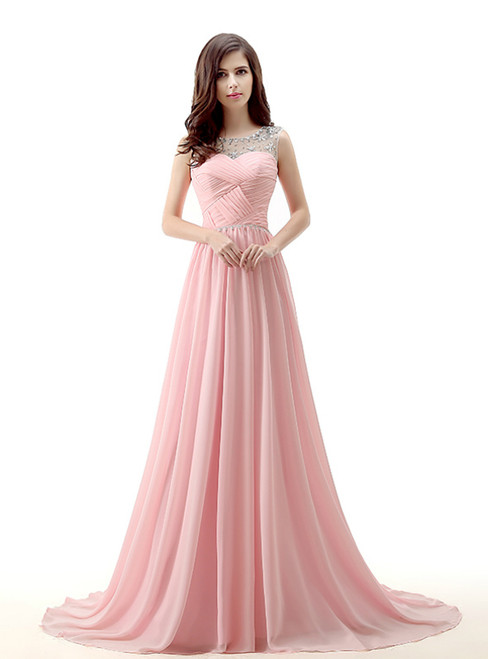 A-Line Pink Chiffon Backless Long Prom Dress With Pleats Crystal