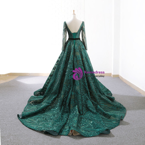 Dark Green Sequins Long Sleeve Backless Prom Dress With Long Train