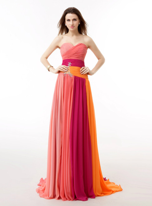 Colorful Chiffon Sweetheart Pleats Long Prom Dress With Crystal