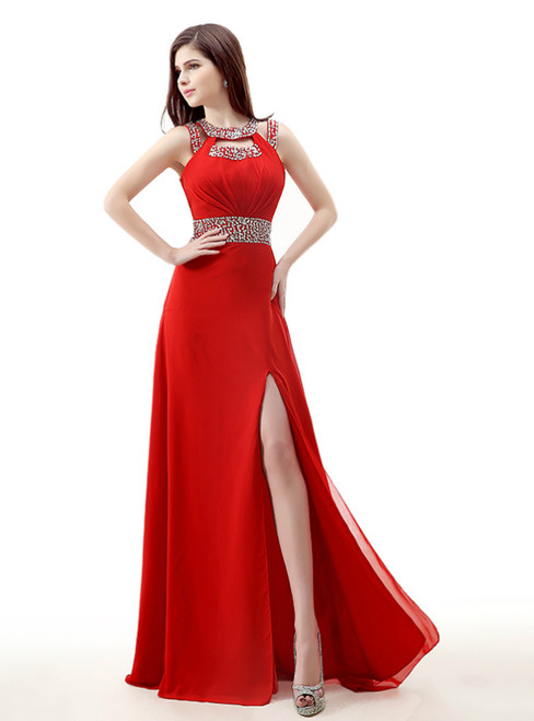 Red Chiffon Cut Out Backless Long Prom Dress With Sequins