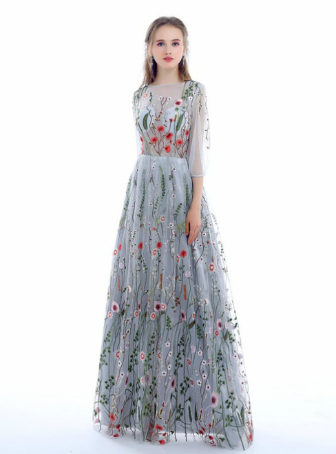 A-line Long Sleeves 3/4 Sleeve Floral Embroidery Evening Dresses