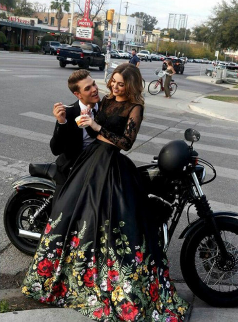 Black Two Piece Satin Lace Print Long Sleeve Backless Prom Dress