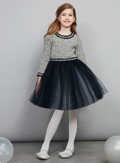 Gray long sleeve tulle princess dress for girls with A-line skirt