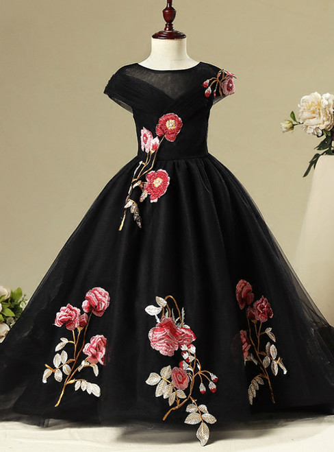 Black Tulle Cap Sleeve Embroidery Appliques Flower Girl Dress