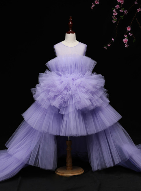 A-Line Purple Tulle Hi Lo Flower Girl Dress With Long Train