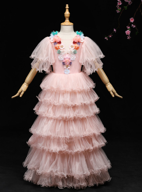 A-Line Pink Tulle Puff Sleeve Appliques Flower Girl Dress