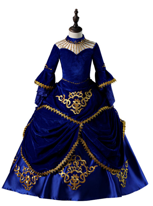 Royal Blue Velvet High Neck Long Sleeve Flower Girl Dress With Appliques