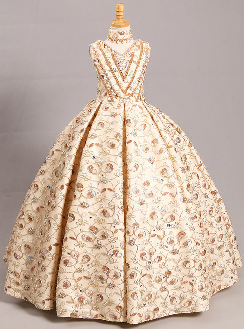 Apricot Ball Gown V-neck Gold Lace Appliques Flower Girl Dress