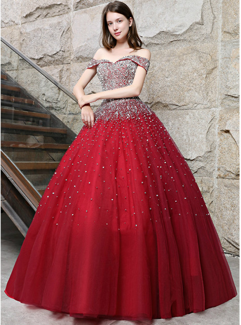 Burgundy Ball Gown Tulle Off The Shoulder With Sequins Quinceanera Dresses