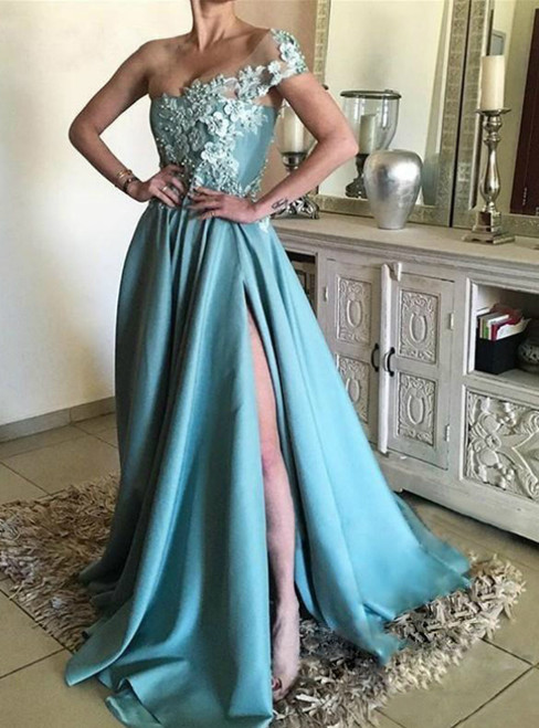 Long Blue Satin One Shoulder Appliques Prom Dress With Side Split