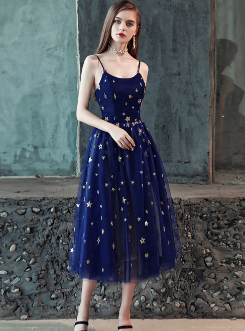 In Stock:Ship in 48 Hours Navy Blue Tulle Spaghetti Straps Short Prom Dress