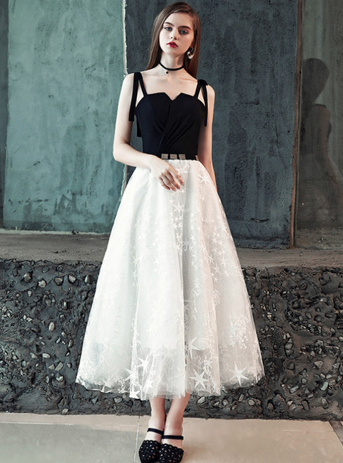 In Stock:Ship in 48 Hours Black And White Straps Short Prom Dress