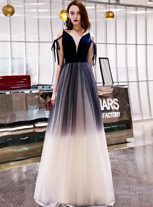 In Stock:Ship in 48 Hours Navy Blue And White Tulle V-neck Prom Dress