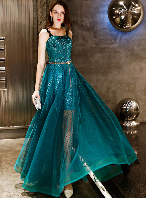 In Stock:Ship in 48 Hours  Green Spaghetti Straps Sequins Prom Dress