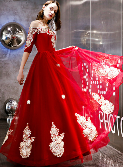 In Stock:Ship in 48 Hours A-Line Red Tulle Appliques Off the Shoulder ...