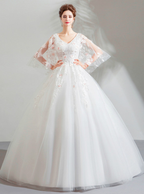 In Stock:Ship in 48 Hours White Tulle V-neck Wedding Dress With beading