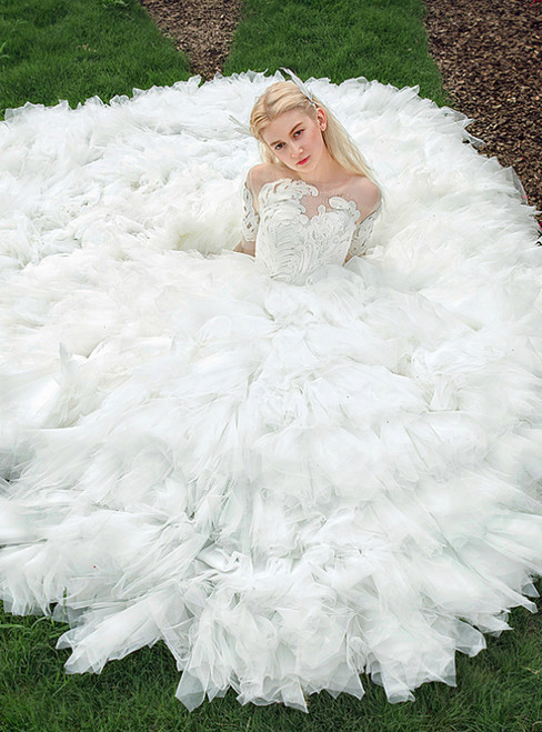 White tulle ball gown wedding dress with short sleeves, floral appliques, and a long train